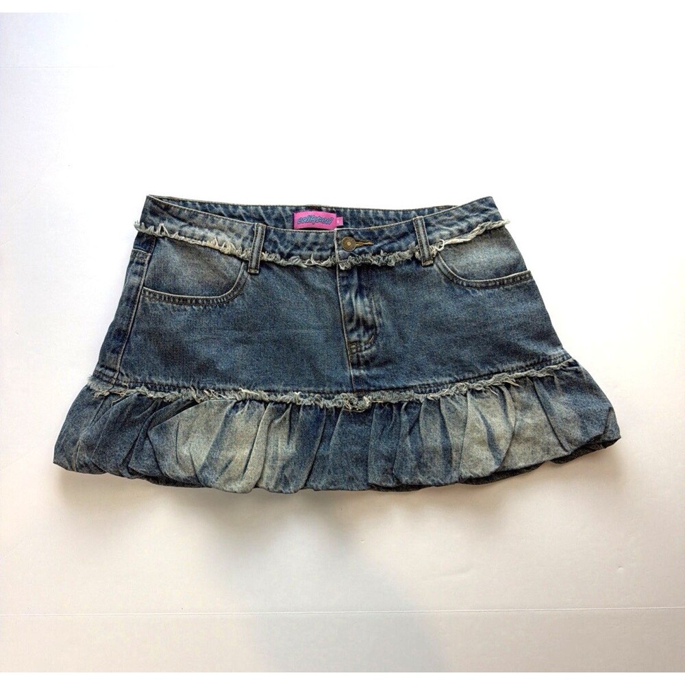 Edikted Denim Micro Mini Skirt Blue Ruffle Pleated Y2K Low Rise Raw Hem